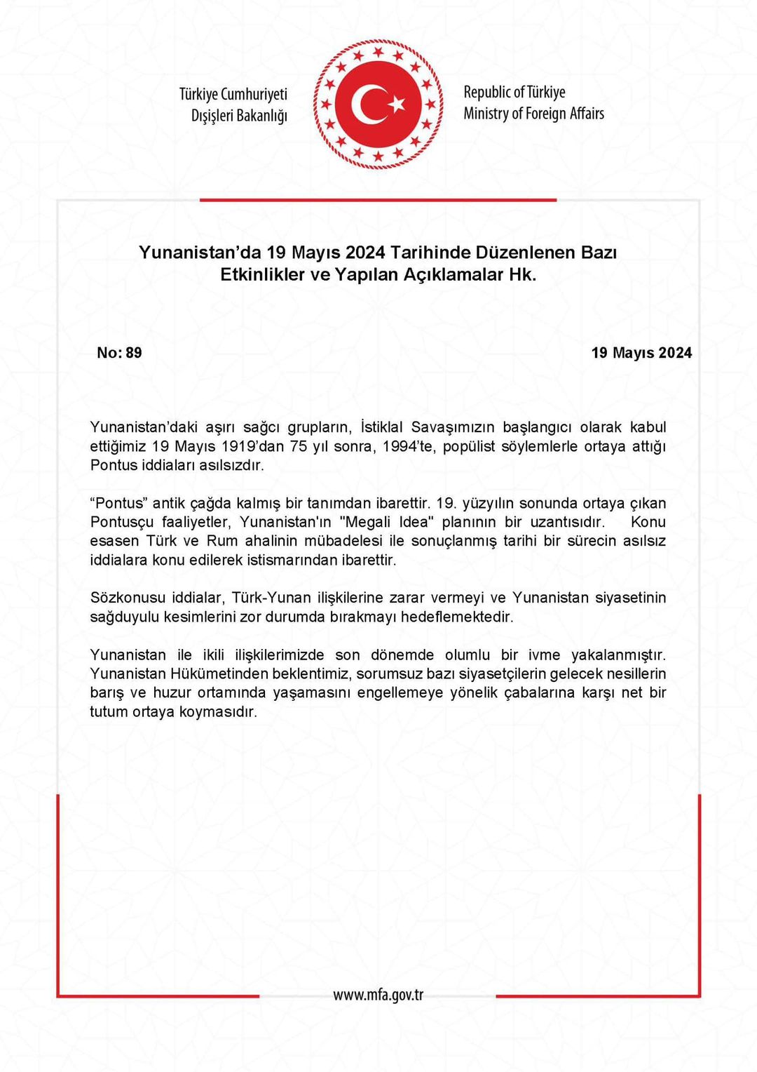 T.C. Dışişleri Bakanlığı'ndan Yunanistan'a Tepki