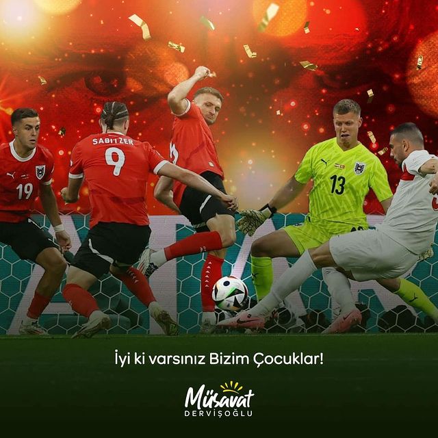 İYİ Parti Genel Başkanı Müsavat Dervişoğlu, A Millî Futbol Takımının Avrupa Futbol Şampiyonası'nda Avusturya'yı 2-1 mağlup ederek tarihi başarıya ulaşmasını değerlendirdi