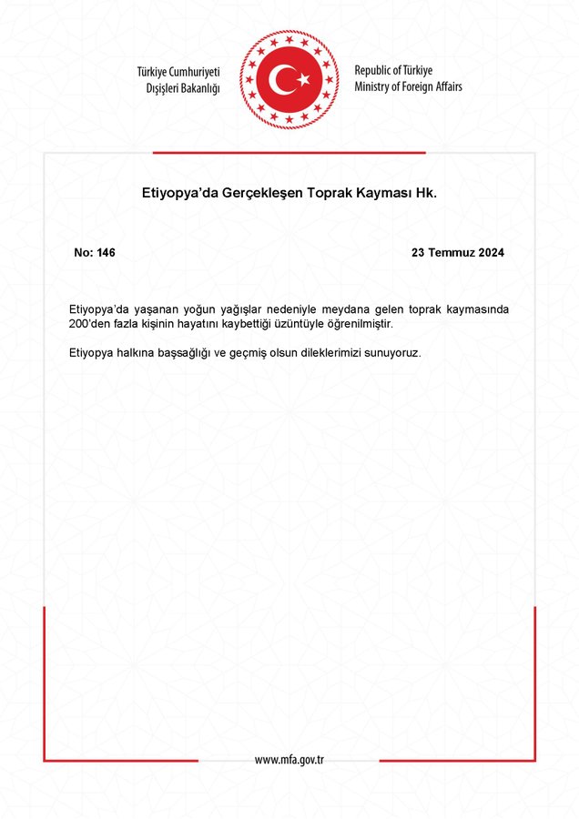 Etiyopya’da Toprak Kayması: Türk Dışişleri Bakanlığı'ndan Taziye Mesajı
