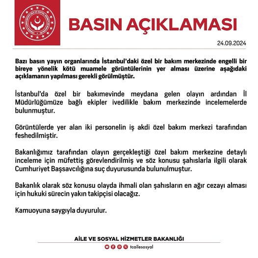 Aile ve Sosyal Hizmetler Bakanlığı'ndan Açıklama