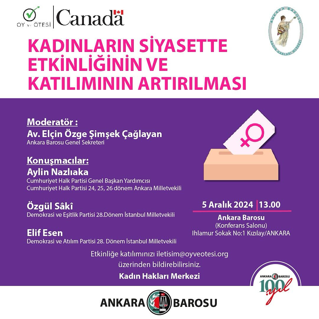 5 Aralık'ta Ankara Barosu'nda Kadınların Siyasette Etkinliği Konulu Panel Düzenlenecek