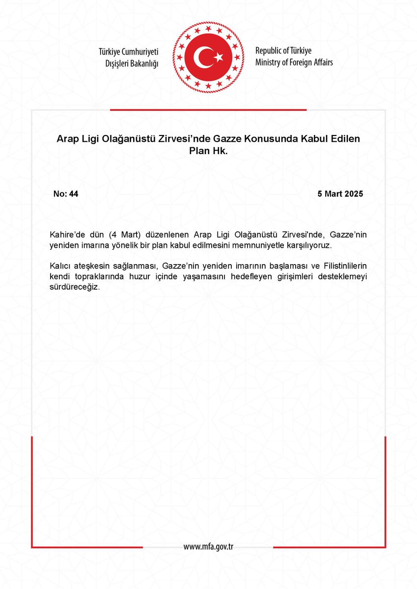 Arap Ligi Olağanüstü Zirvesinde Gazze Konusunda Kabul Edilen Plan: Türkiye'nin Değerlendirmesi