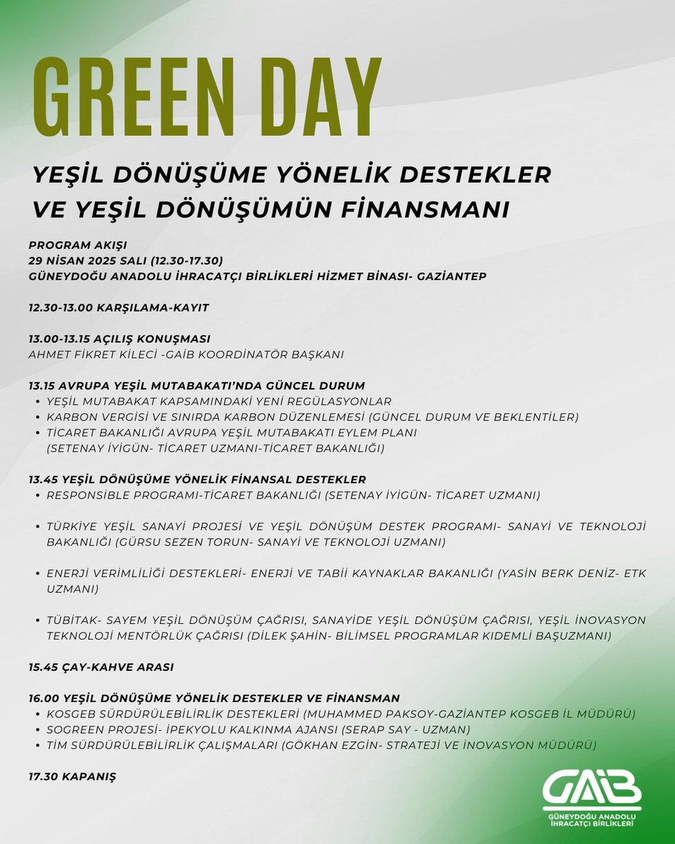 GAİB, İhracatçılara Yeşil Dönüşüm Finansmanı Hakkında Bilgilendirme Toplantısı Düzenliyor