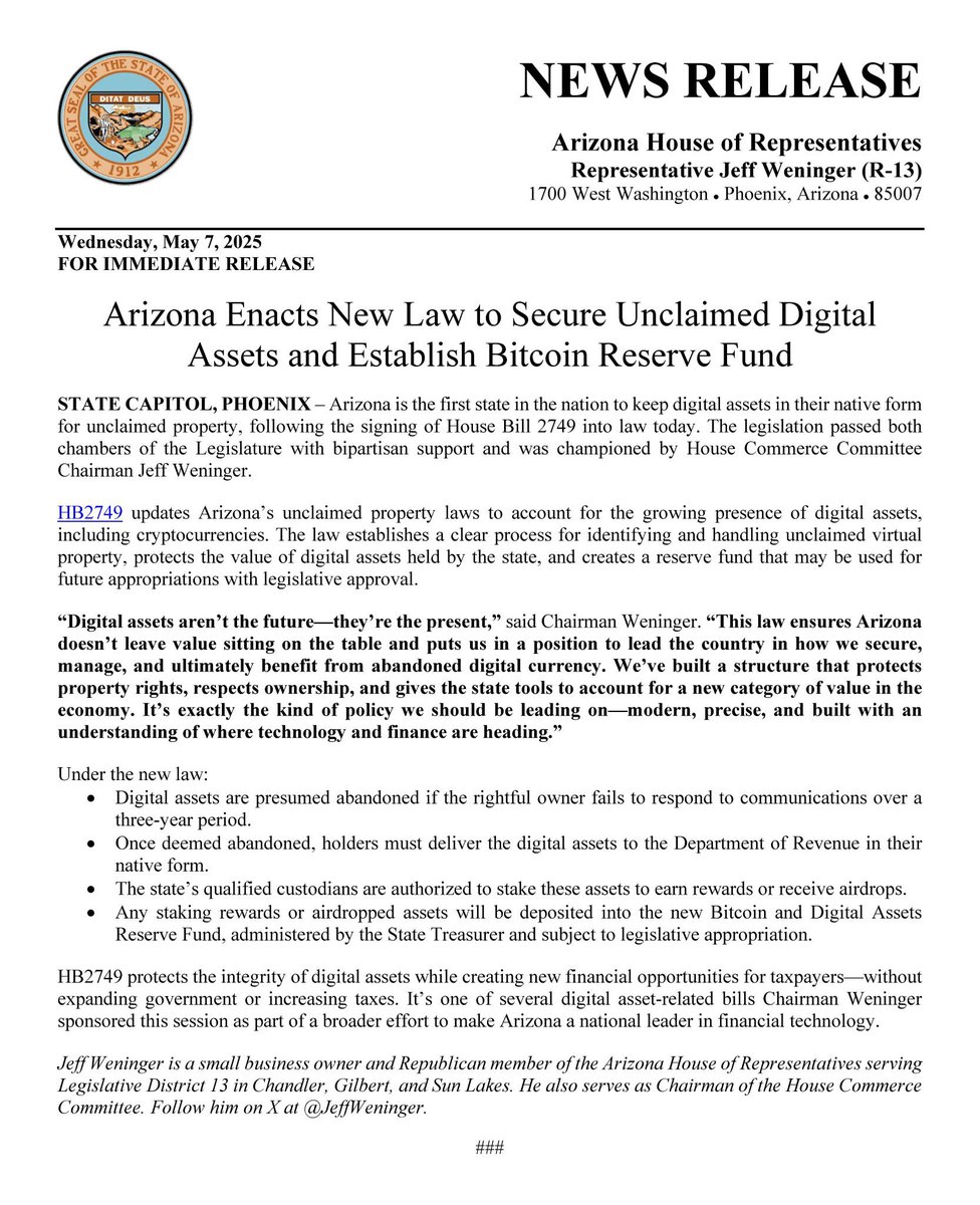 Arizona Valisi Bitcoin Rezerv Fonu Oluşturulmasını Resmi Olarak Onayladı