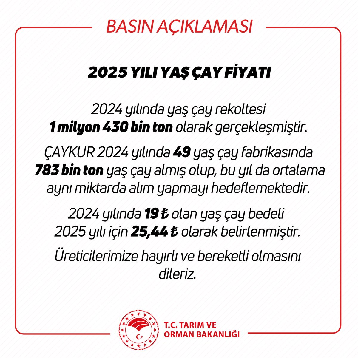 2025 Yılı Yaş Çay Fiyatı Açıklandı: Kilogramı 12,50 TL