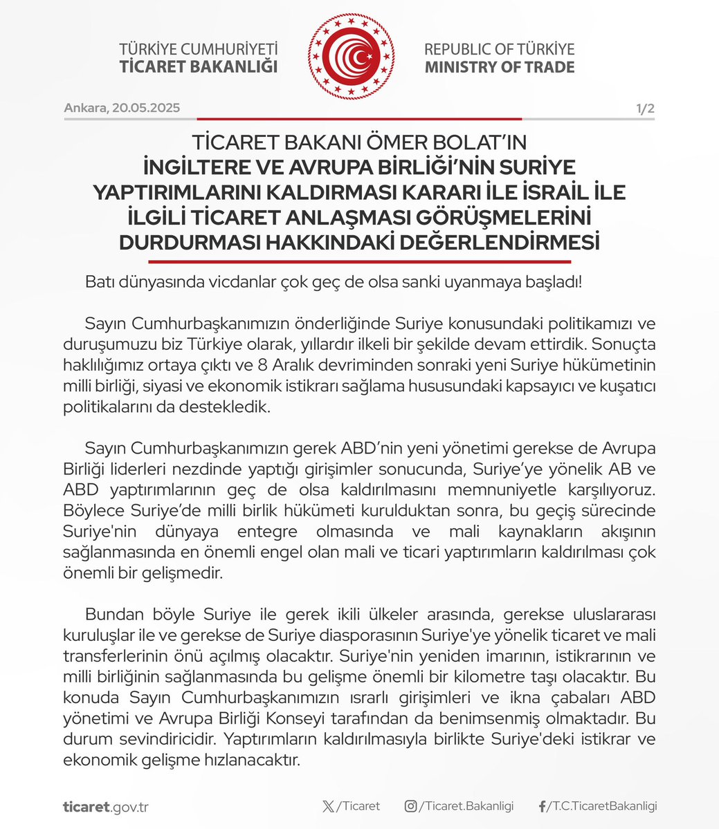 Ticaret Bakanı Bolat: İngiltere ve AB'nin Suriye Yaptırımları Kararı ve İsrail ile Ticaret Görüşmeleri