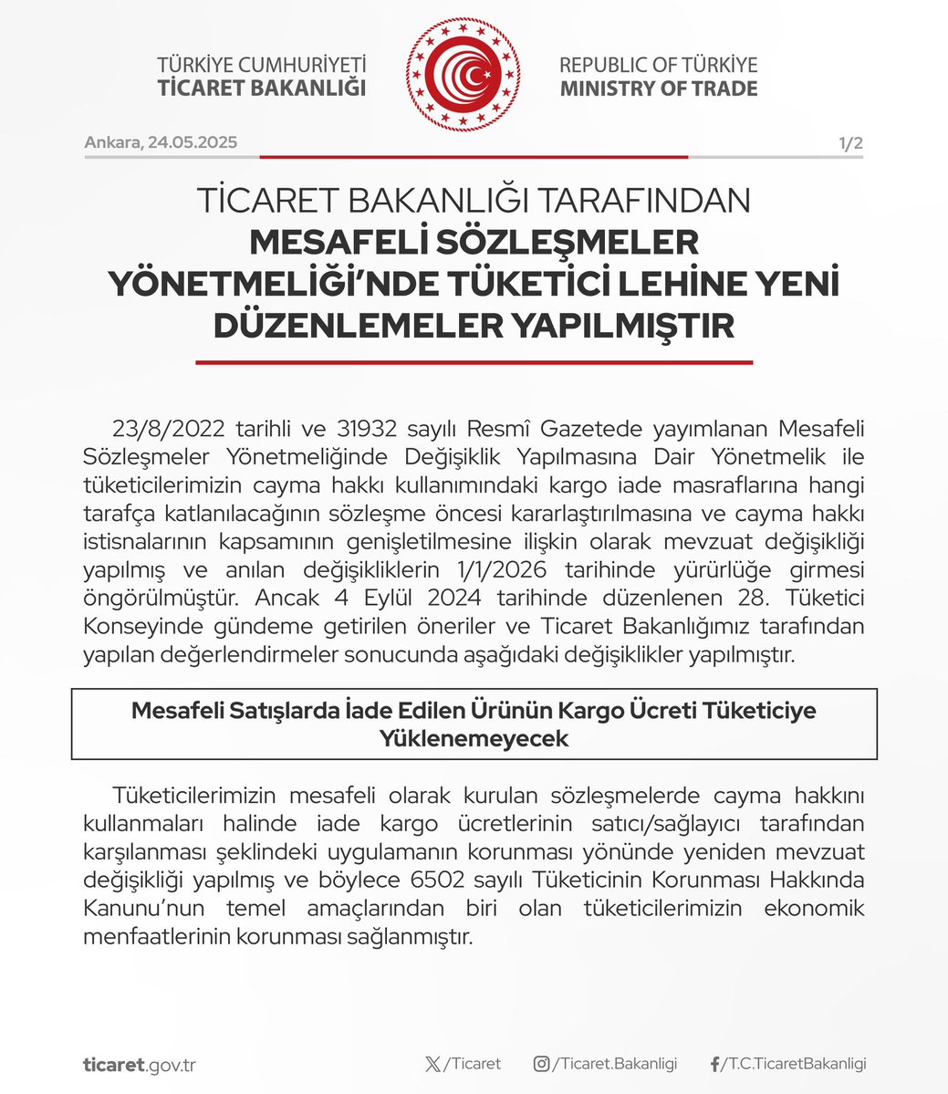 Ticaret Bakanlığı Mesafeli Sözleşmeler Yönetmeliği'nde Tüketici Haklarını Güçlendiren Düzenlemeler