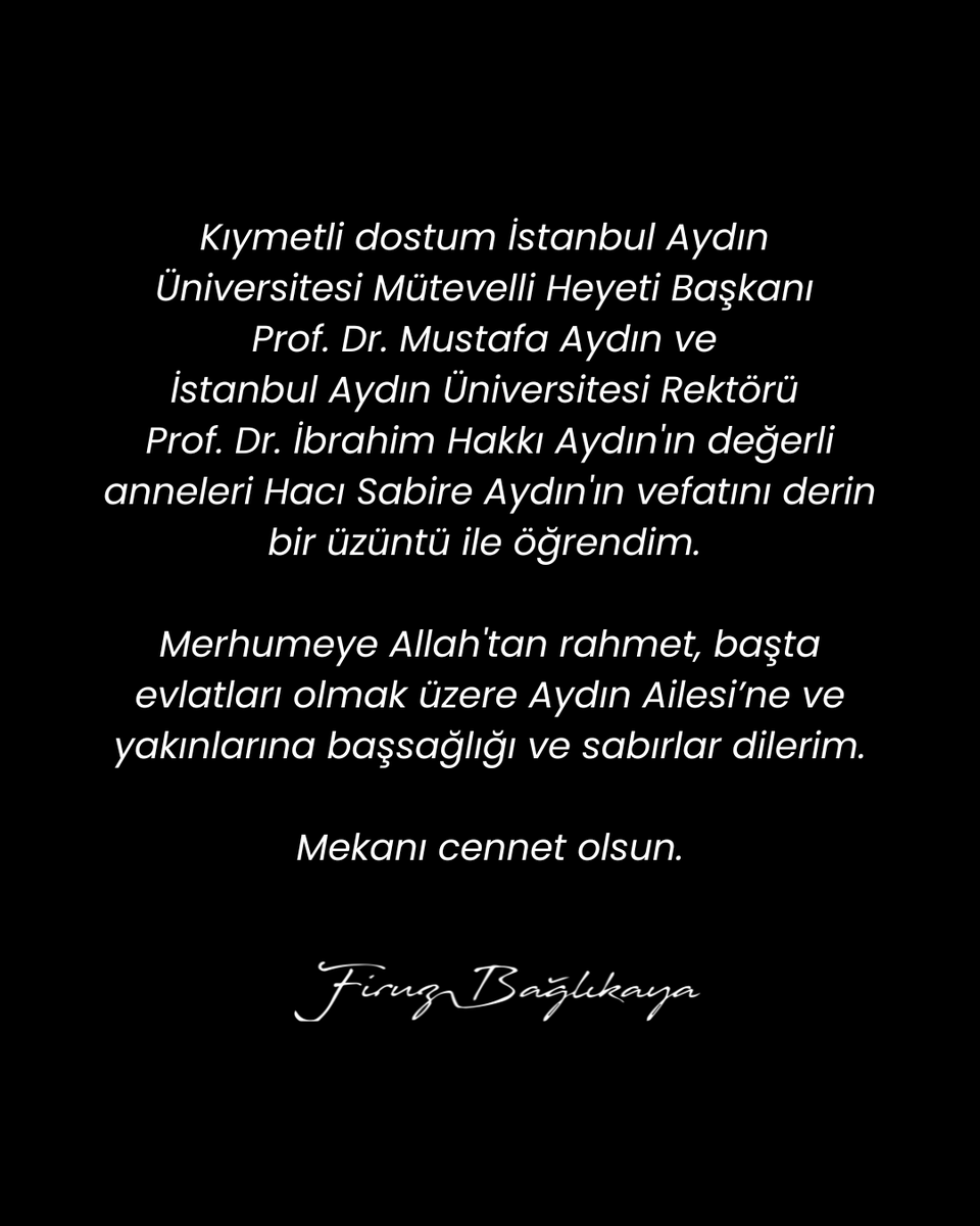 İstanbul Aydın Üniversitesi Mütevelli Heyeti Başkanı Mustafa Aydın'ın Annesi Vefat Etti