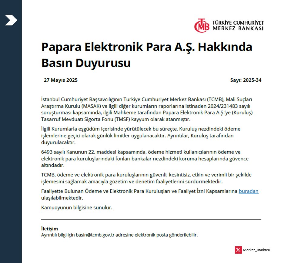 Türkiye Cumhuriyeti Merkez Bankası, Papara Elektronik Para A.Ş. Hakkında Basın Duyurusu Yayınladı